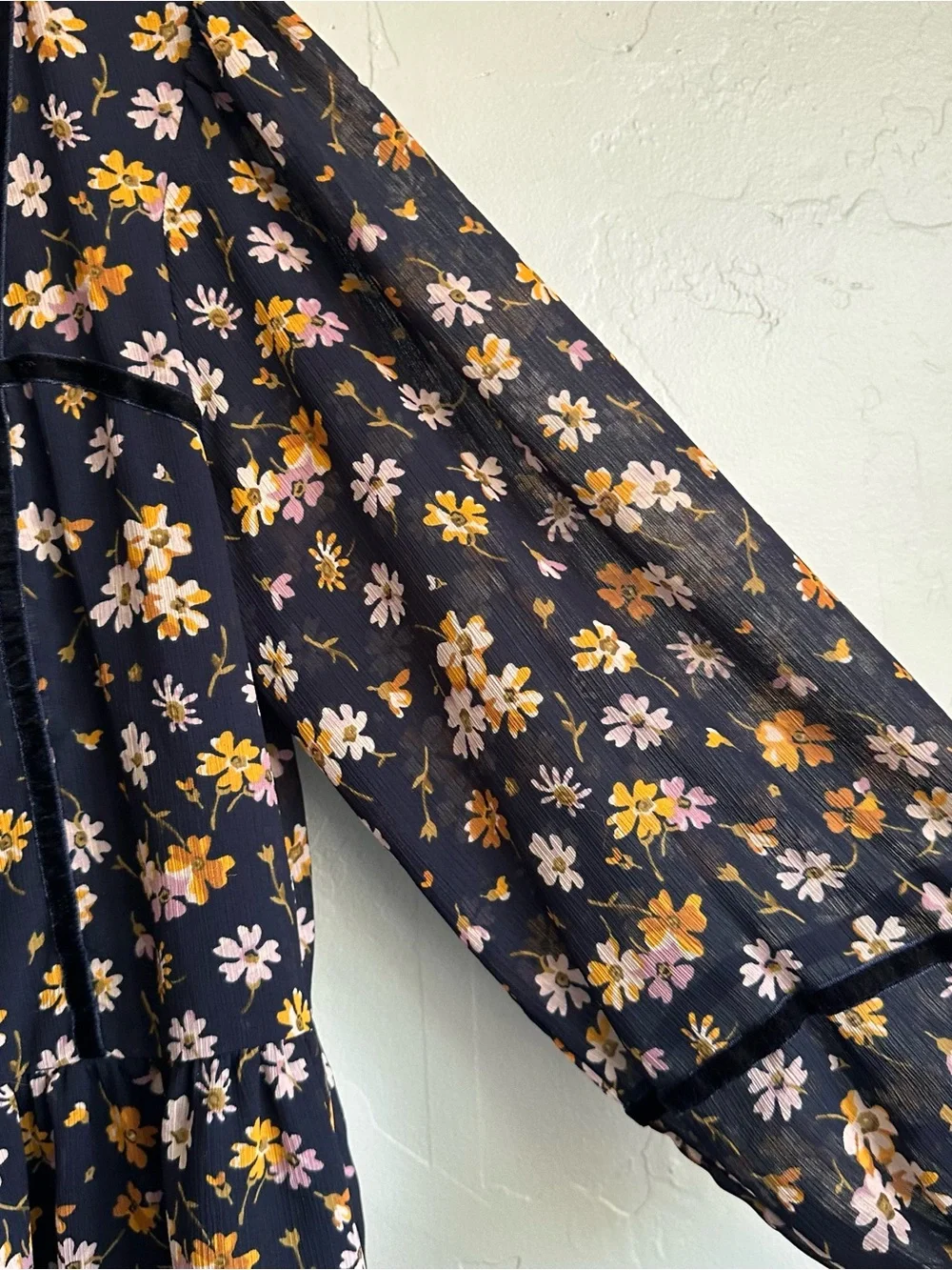 Madewell Velvet Trim Square-Neck Navy Floral Romantic Peasant Blouse Top SM EUC